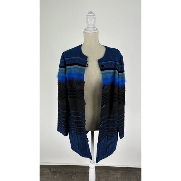 Vintage Marianne Pittl Handweberei Womens Striped Button Front Coat Black Blue - Picture 8 of 9